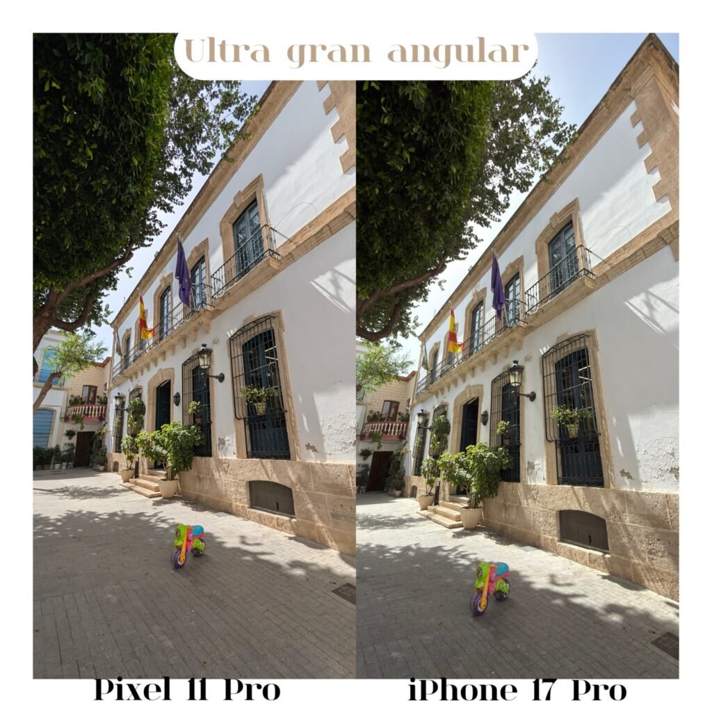 Comparativa de cámara ultra gran angular entre Pixel 11 Pro y iPhone 17 Pro en una fachada