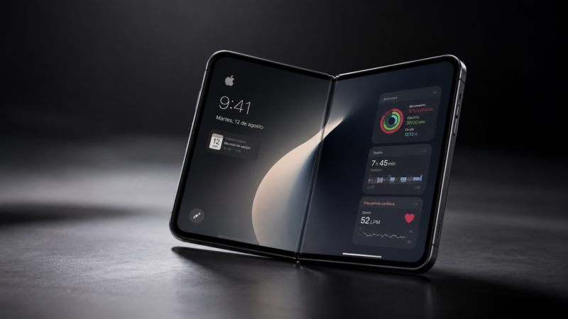 concepto editorial de un iPhone plegable tipo libro, sin presentarlo visualmente como diseño oficial.