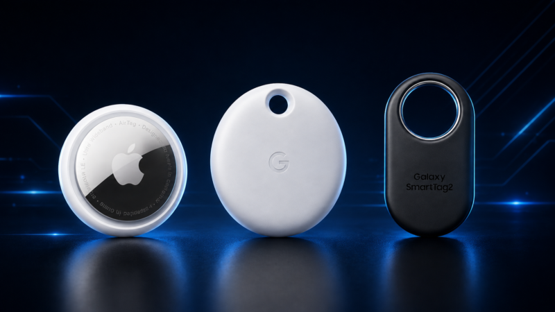 Pixel Tag frente a AirTag y Galaxy SmartTag2 sobre un fondo tecnológico