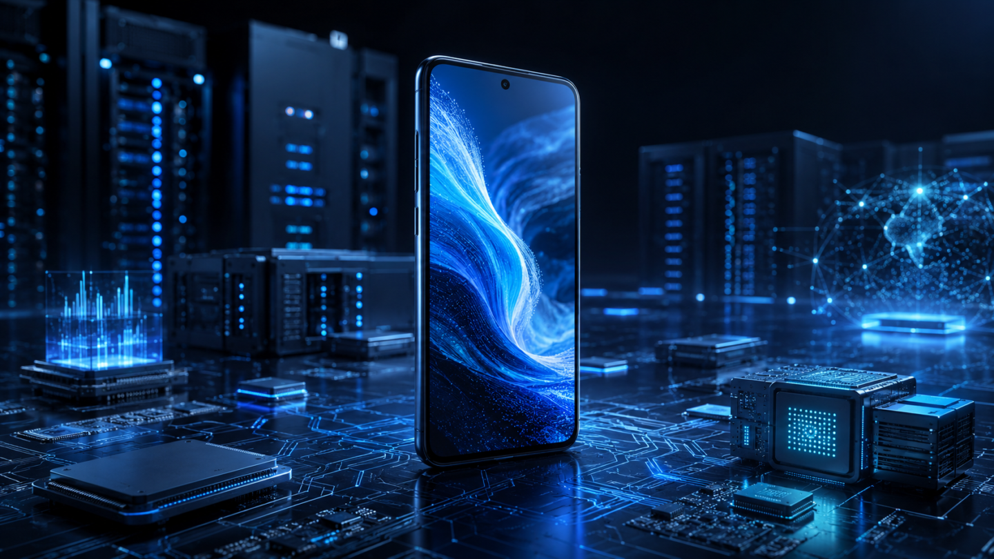 Smartphone rodeado de chips de memoria y servidores de inteligencia artificial