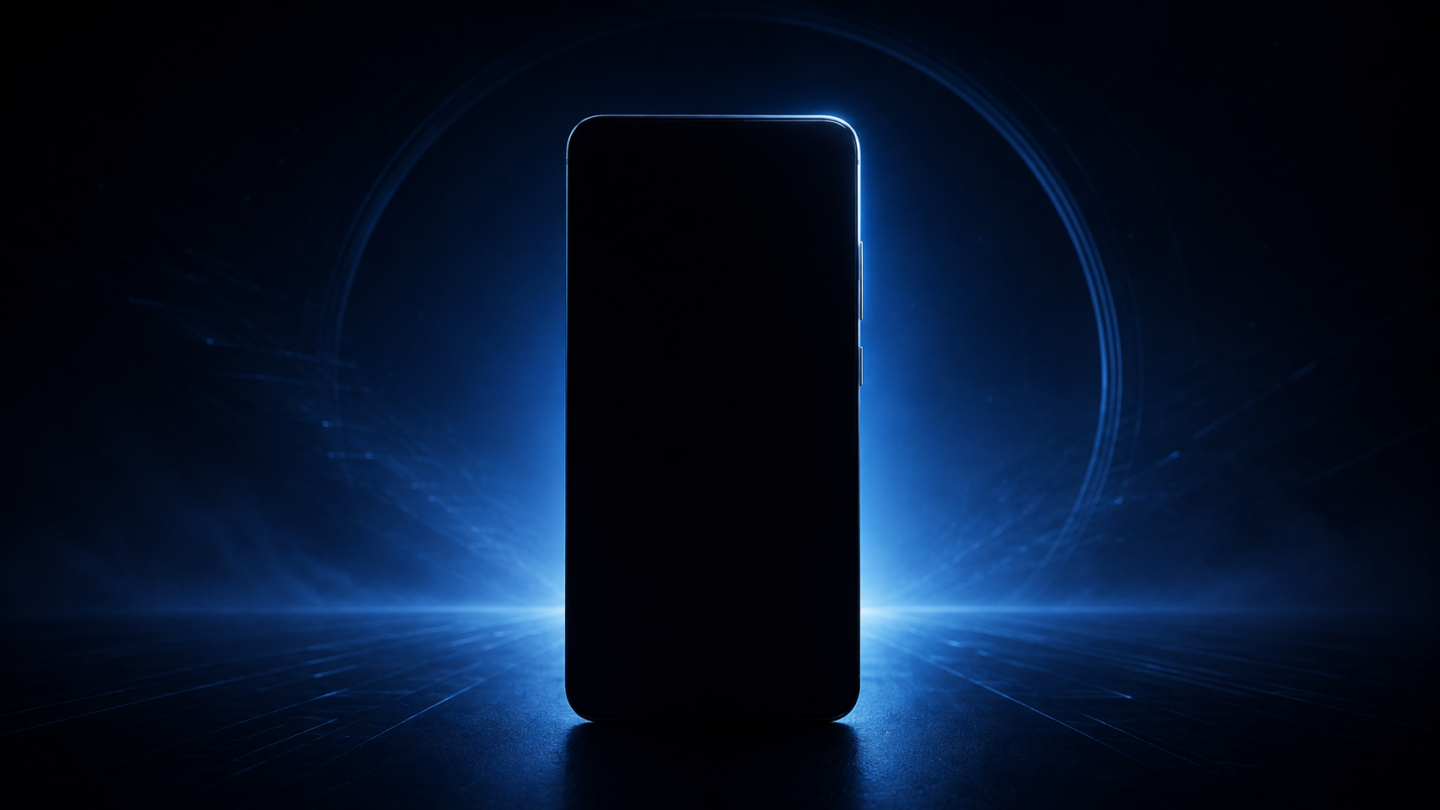 Mostrar la silueta de un smartphone Galaxy todavía no revelado junto a una iluminación azul sobria y la fecha 27 de agosto como único texto opcional.