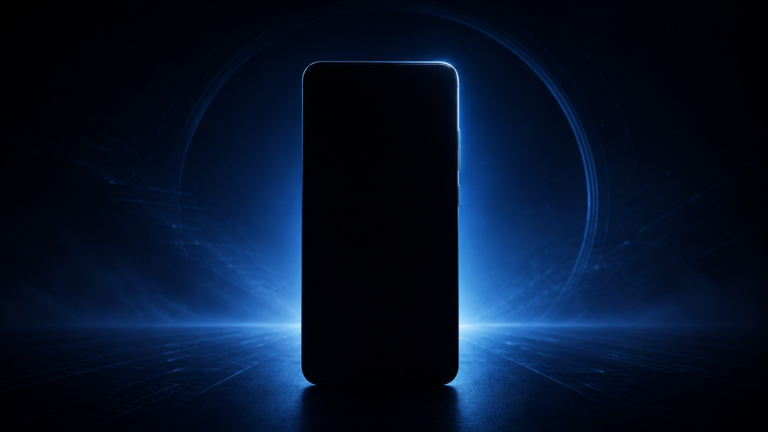 Mostrar la silueta de un smartphone Galaxy todavía no revelado junto a una iluminación azul sobria y la fecha 27 de agosto como único texto opcional.