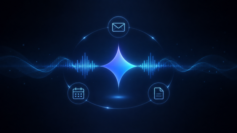 fondo oscuro tecnológico con ondas de voz de Gemini conectando de forma visual y sutil con iconos genéricos de correo, calendario y documentos.