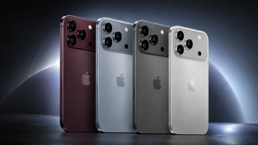 Recreación de cuatro posibles acabados del iPhone 18 Pro sobre un fondo oscuro