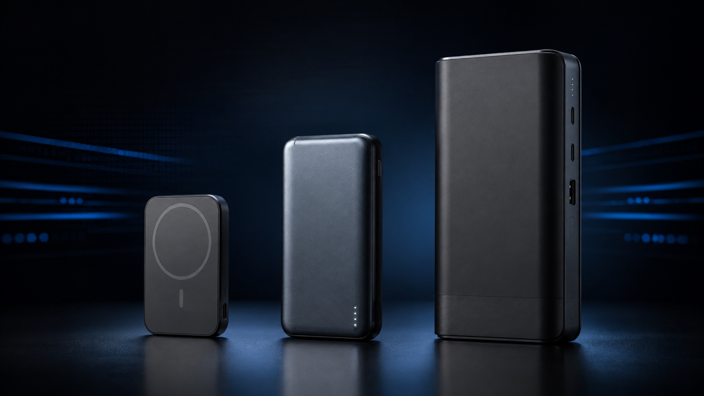 Tres power banks de diferentes capacidades con conexiones USB-C y carga magnética