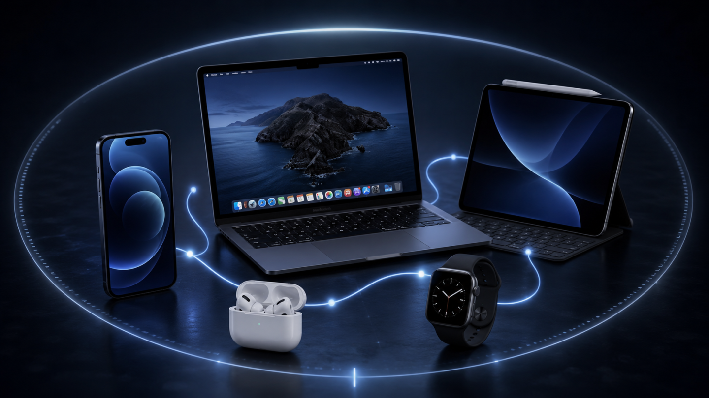 Varios dispositivos de Apple conectados representando el ecosistema