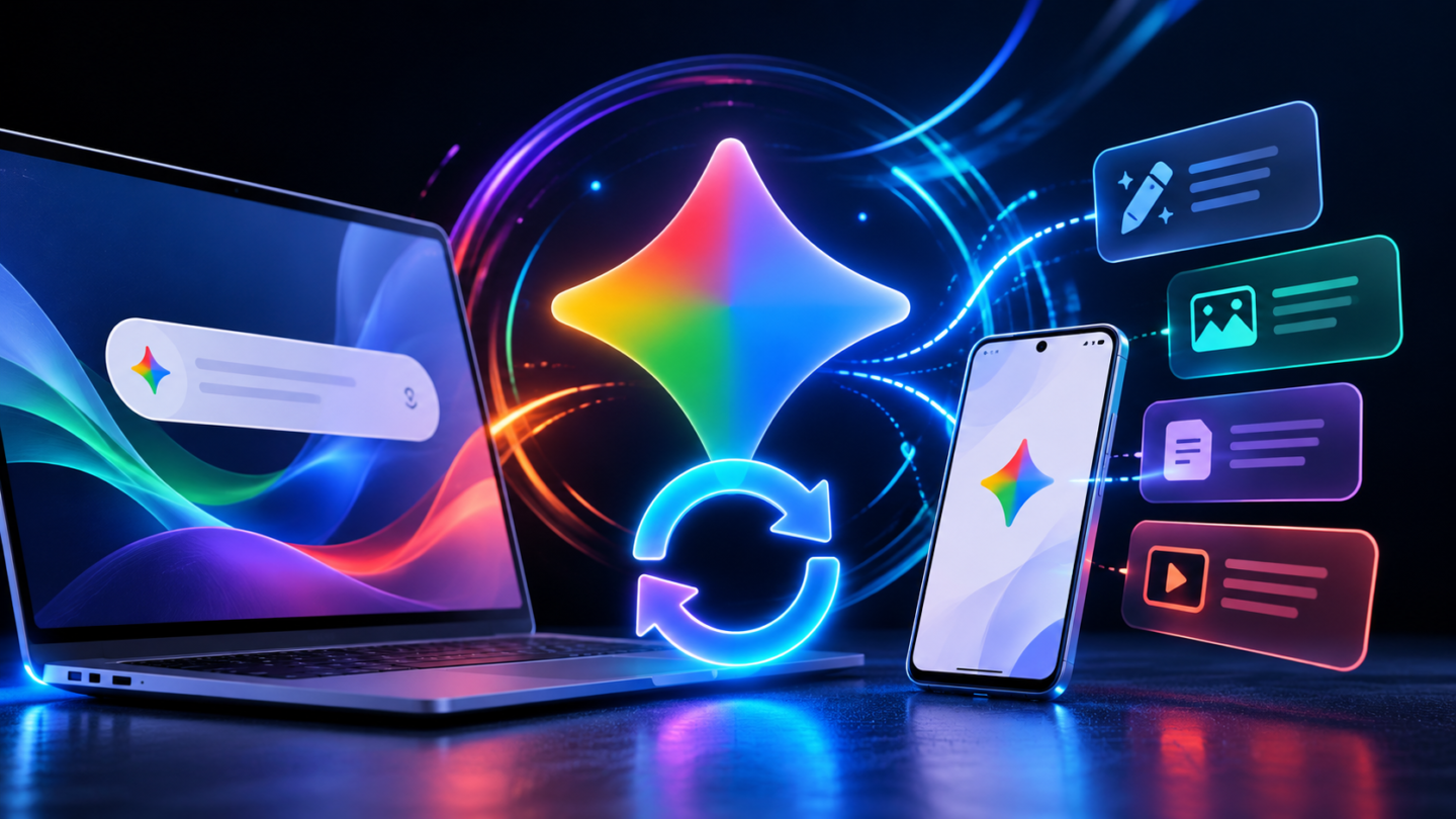 Google AI Pro representado con Gemini conectado a un portátil y un smartphone, junto a herramientas de escritura, imágenes, documentos y vídeo.