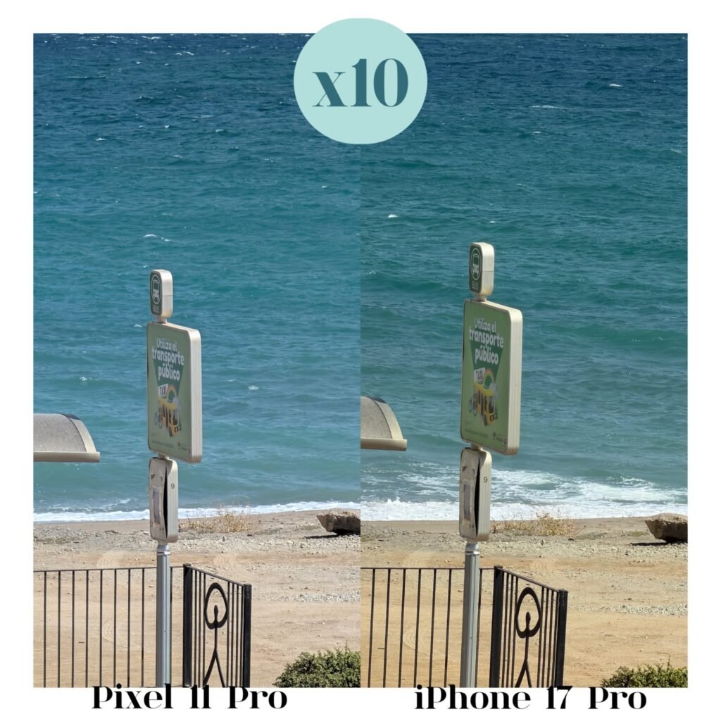Comparativa del zoom 10x del Pixel 11 Pro y el iPhone 17 Pro frente al mar