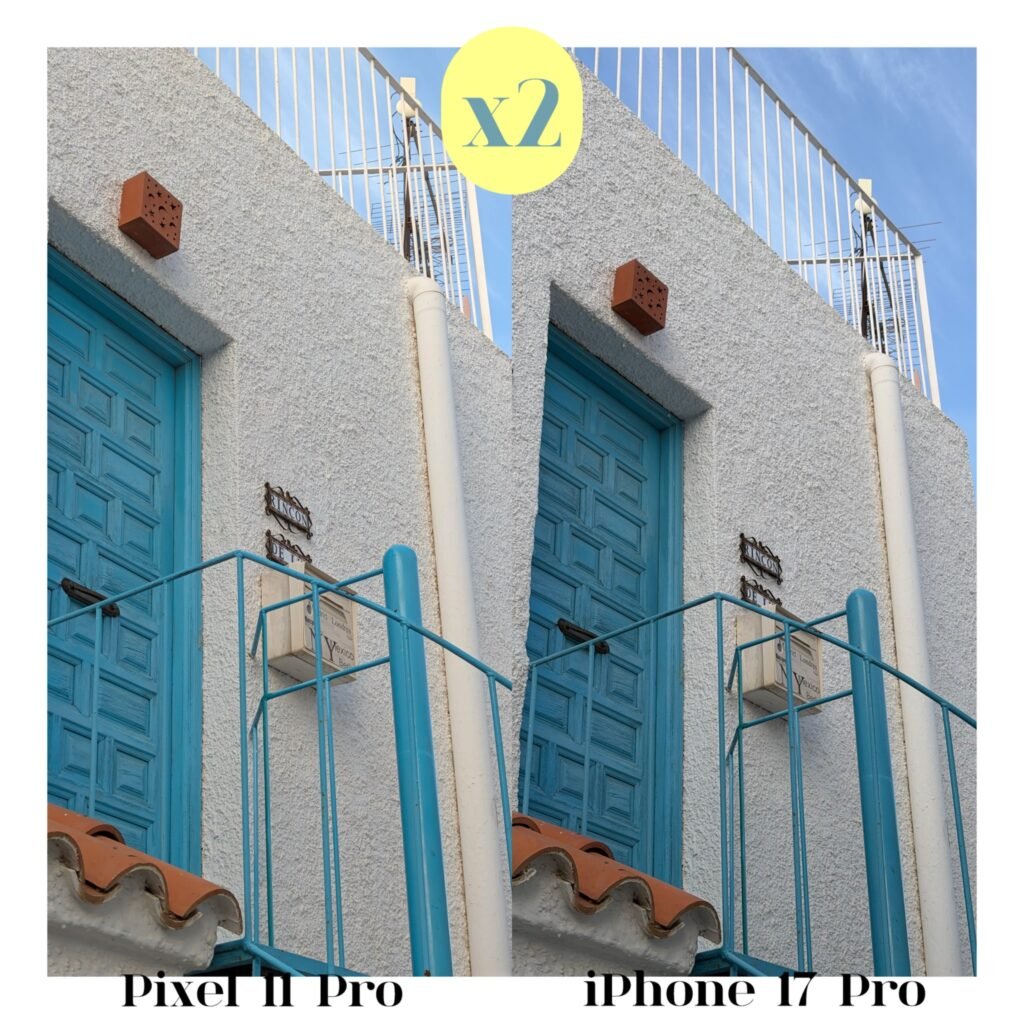 Comparativa de zoom 2x del Pixel 11 Pro y el iPhone 17 Pro en una puerta azul