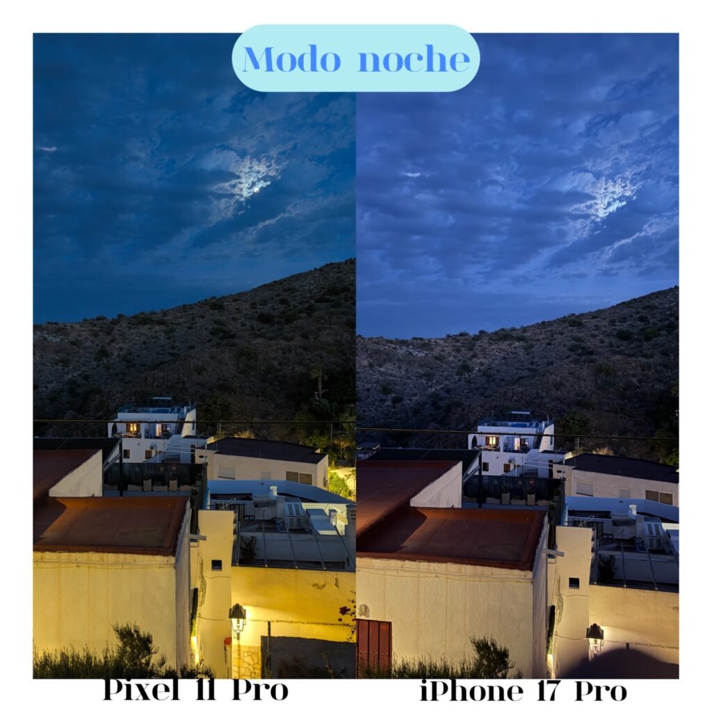 Comparativa de modo noche entre Pixel 11 Pro y iPhone 17 Pro con edificios y cielo nublado