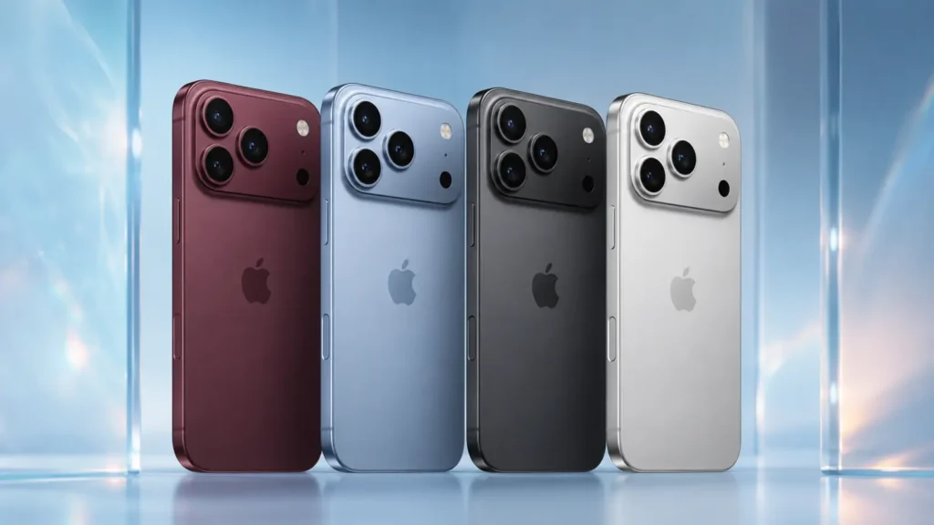 Concepto editorial de los posibles colores Dark Cherry, Light Blue, Dark Gray y Silver del iPhone 18 Pro