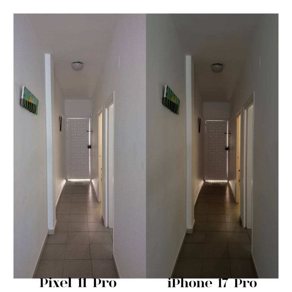Comparativa HDR en un pasillo interior entre Pixel 11 Pro y iPhone 17 Pro