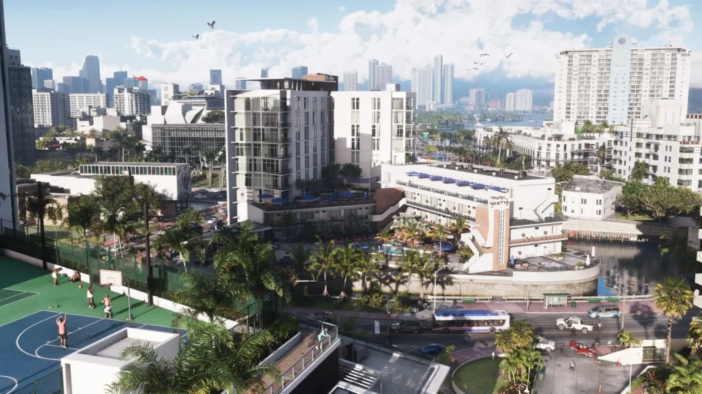 Vista aérea de Vice City en GTA VI con edificios, carreteras y pistas deportivas