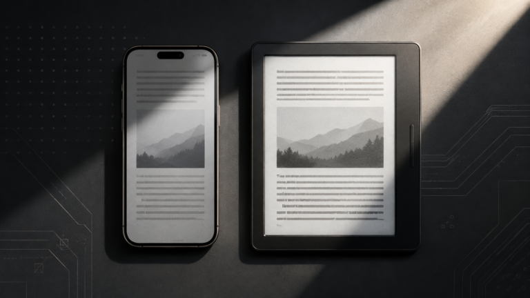 Comparación entre un móvil con pantalla mate y un lector de tinta electrónica para leer