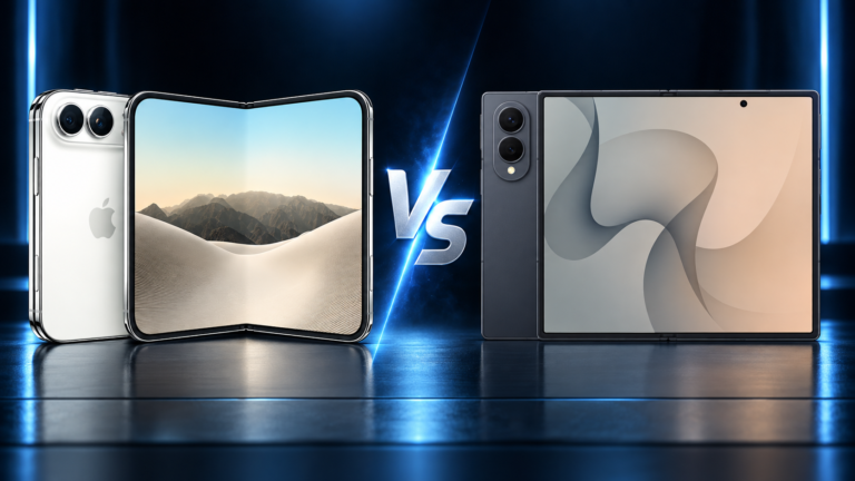 iPhone Duo frente al Samsung Galaxy Z Fold8 abiertos mostrando sus pantallas plegables