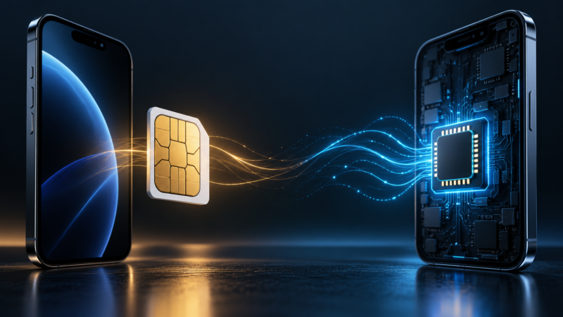 Comparación entre una eSIM digital y una tarjeta SIM física junto a dos smartphones