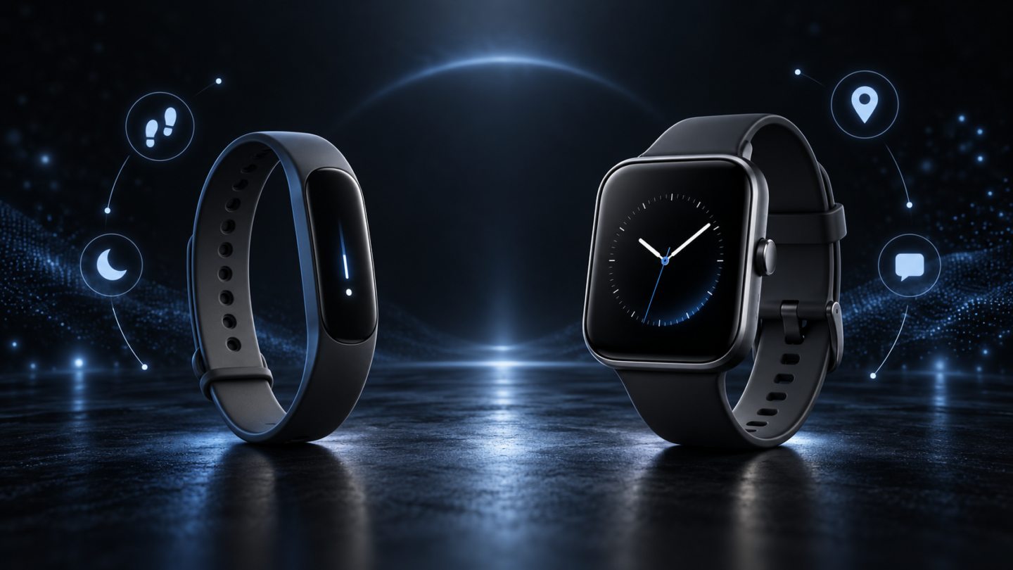 Pulsera de actividad y smartwatch genéricos comparados sobre un fondo tecnológico