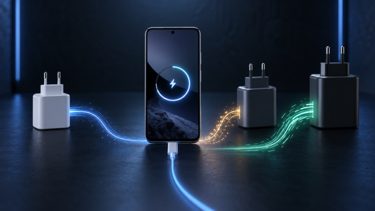 Pixel 11 conectado a varios cargadores USB-C con distintas potencias
