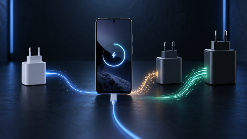 Pixel 11 conectado a varios cargadores USB-C con distintas potencias
