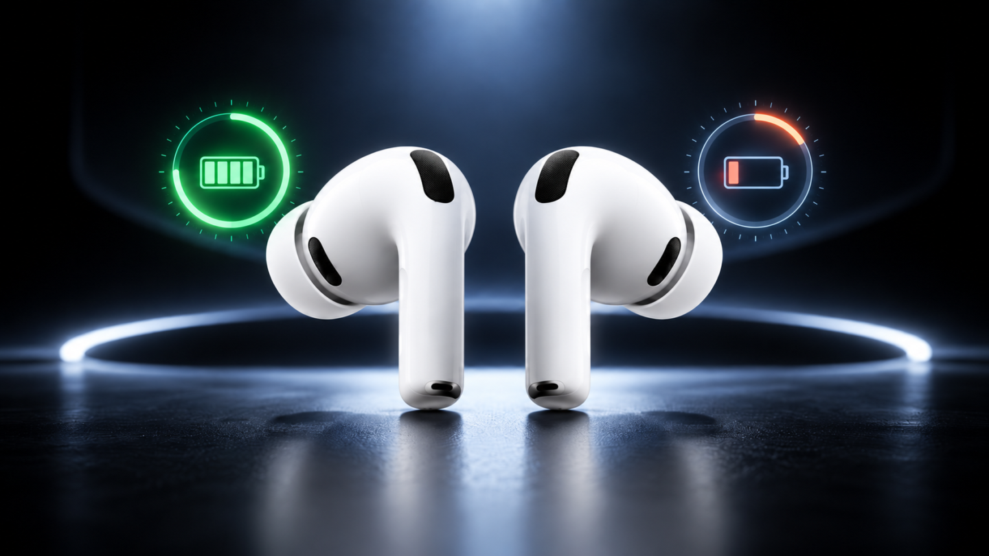 Dos AirPods con niveles de batería diferentes junto a su estuche de carga