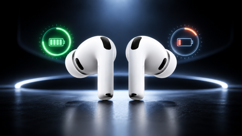 Dos AirPods con niveles de batería diferentes junto a su estuche de carga