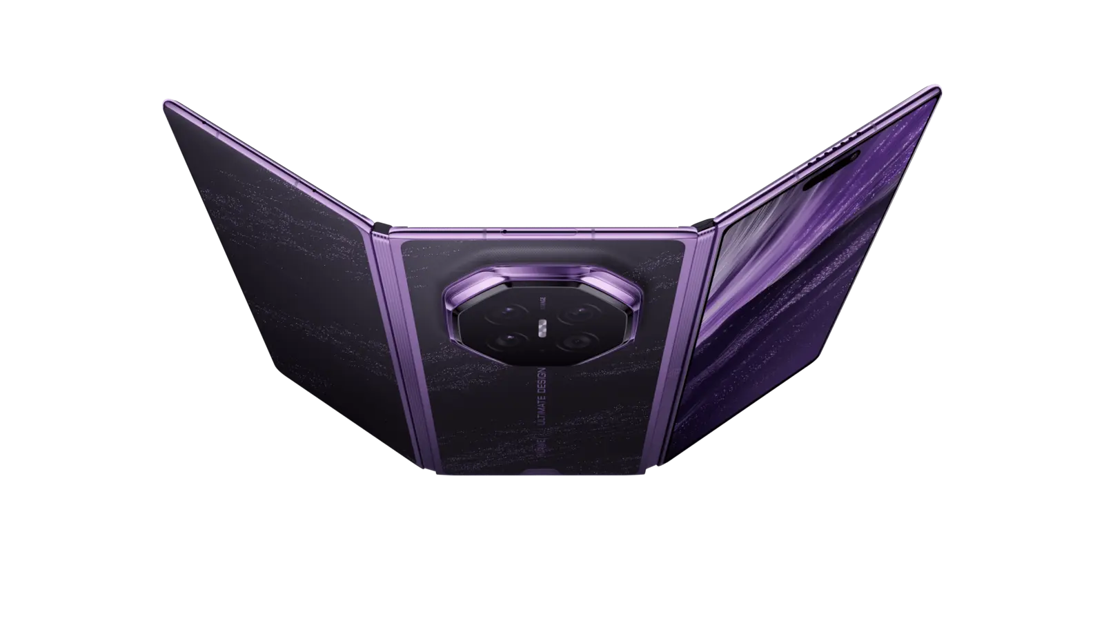 Huawei Mate XT2 morado parcialmente desplegado con sus dos bisagras visibles