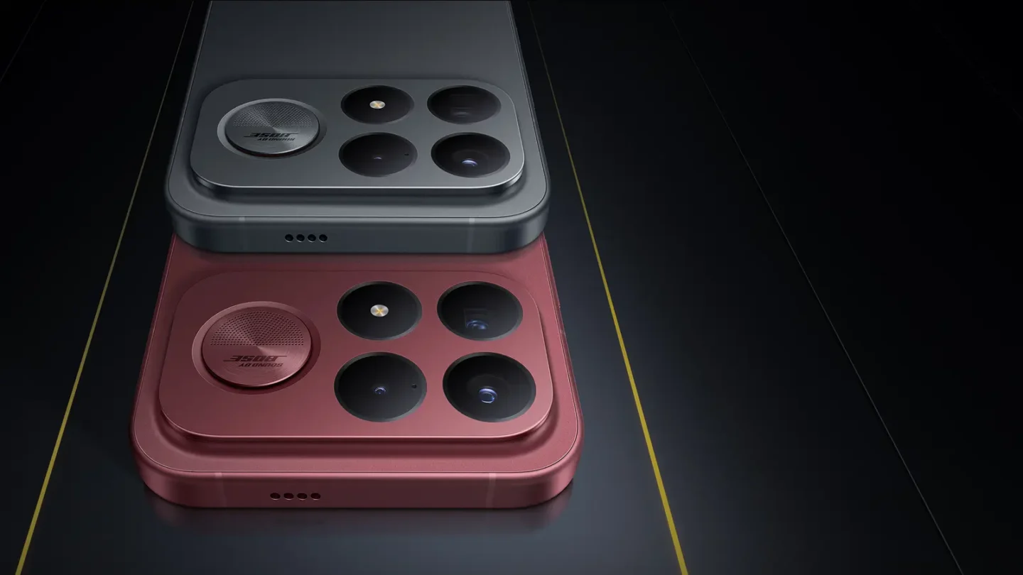 POCO F9 Ultra en colores negro y Dark Cherry visto desde su módulo de cámaras y subwoofer Bose