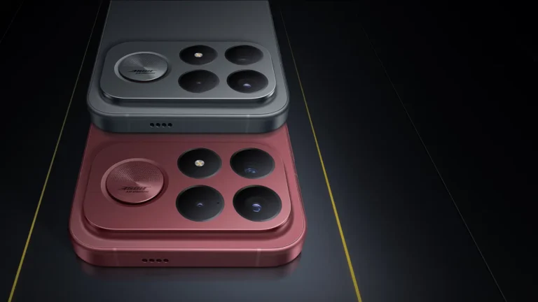 POCO F9 Ultra en colores negro y Dark Cherry visto desde su módulo de cámaras y subwoofer Bose