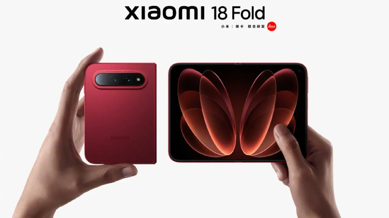 Xiaomi 18 Fold rojo mostrado cerrado y desplegado en una imagen oficial
