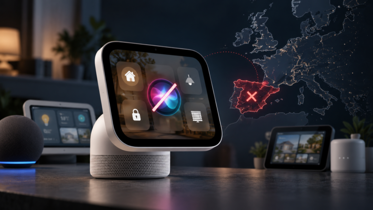 Apple HomeView sobre una mesa mostrando controles del hogar inteligente
