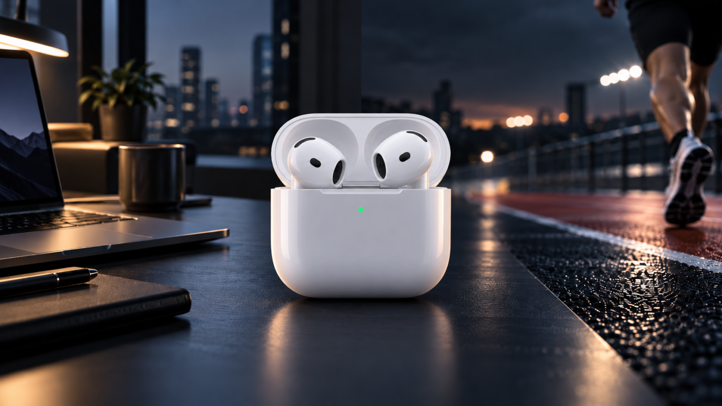 AirPods 5 representados entre un escenario de trabajo y otro deportivo