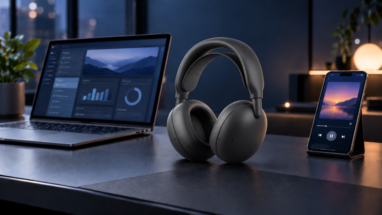 Auriculares Logitech Zone Vibe Pro preparados para utilizarse con un portátil y un teléfono móvil