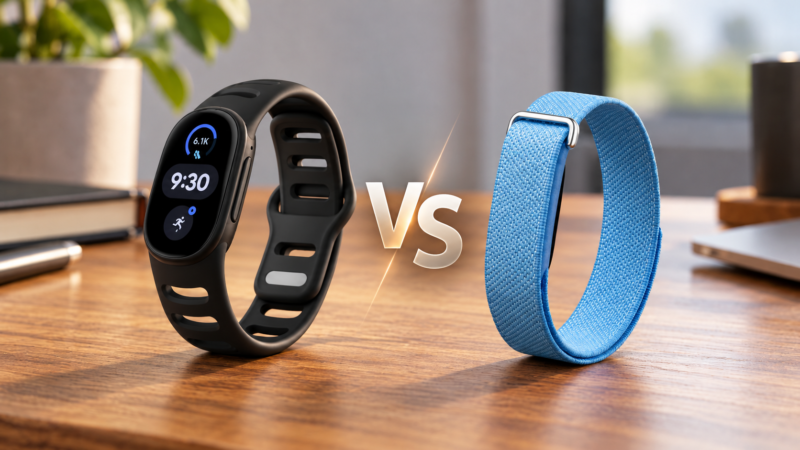 Google Fitbit Edge con pantalla junto a Fitbit Air sin pantalla