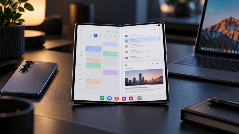 Galaxy Z Fold8 abierto utilizando varias aplicaciones para trabajar