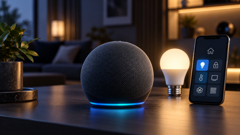 Amazon Echo Dot sobre una mesa junto a una bombilla inteligente y un teléfono móvil