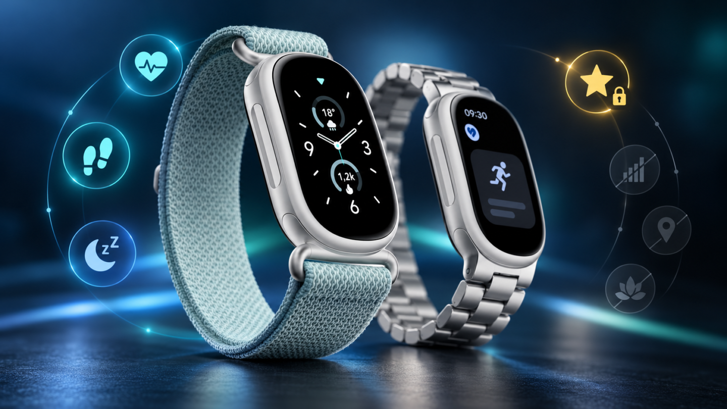 Google Fitbit Edge mostrando sus métricas de salud y actividad