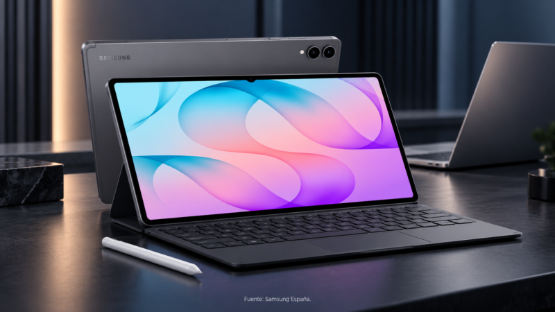 Galaxy Tab S12 Ultra con S Pen y teclado junto a un portátil